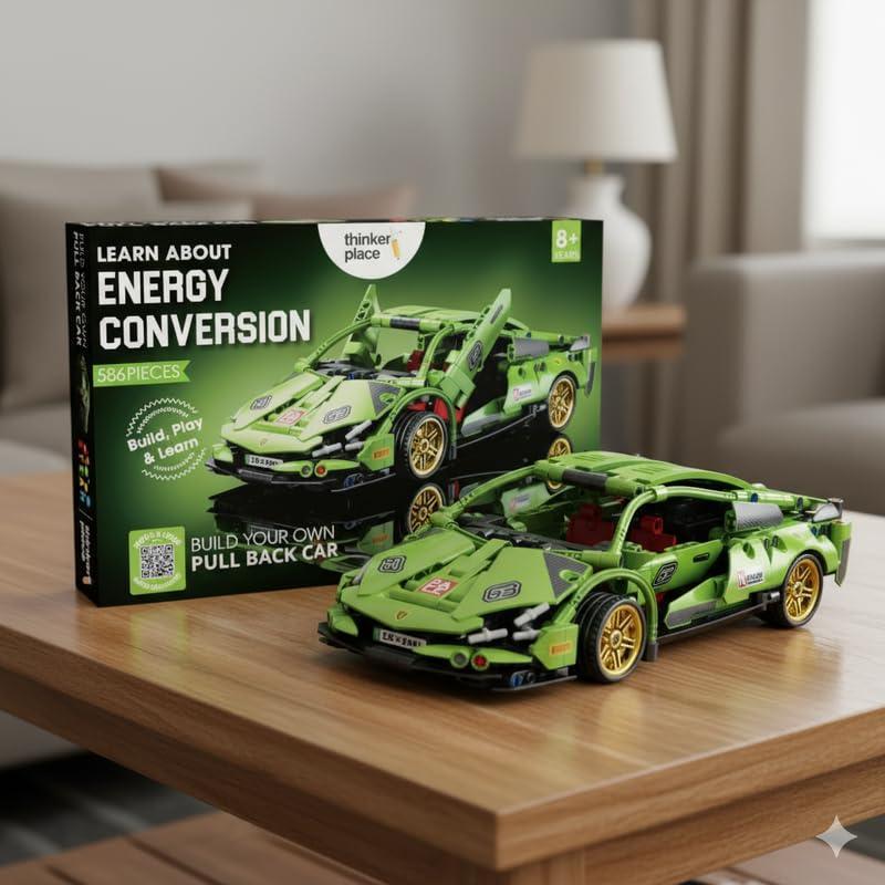Thinker Place 1:18 DIY Blocks Pull-Back Car – Green | Buildable STEM Construction Racing Toy for Kids 8+