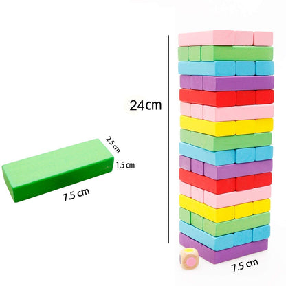 Simarr Coloured Stackeez Wooden Tower Stacking Game – 54 Piece Wooden Blocks with Dice | Classic Family Balance Game for Kids & Adults