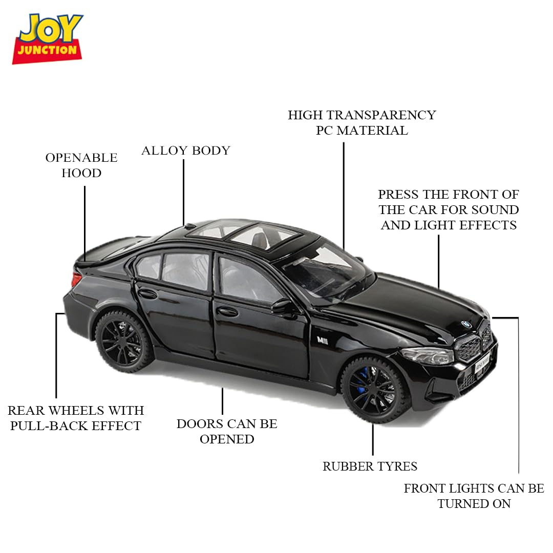 Joy Junction BMW 3 Series 1:32 Die-Cast Car Black – Alloy Metal Pullback Toy Car with Lights, Engine Sound & Opening Doors