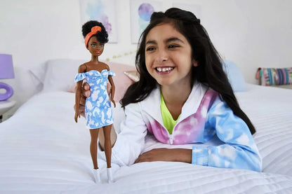 Barbie Fashionistas Doll #185, Black Up-do Hair, Off-shoulder Bleached Denim Dress, Orange Bandana, White Boots, Toy for Kids Ages 3 and Up - Jaiman Toys