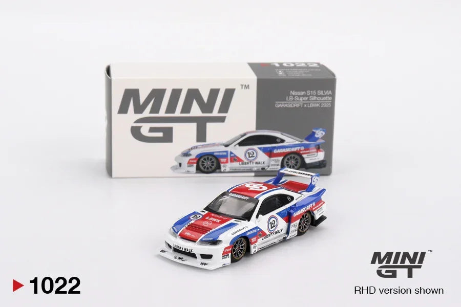 Mini GT 1:64 Scale Nissan LBWK S15 Silvia GARASIDRIFT 2025 + Bugatti EB110 Super Sport Die-Cast Cars | Collector Duo Set