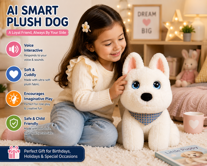 Breatoi! AI Smart Interactive Plush Dog Toy with Voice Interaction, Soft Stuffed Puppy Companion, Talking & Sound Responsive Plush Animal for Kids | Gift for Boys & Girls 3+ Years - White