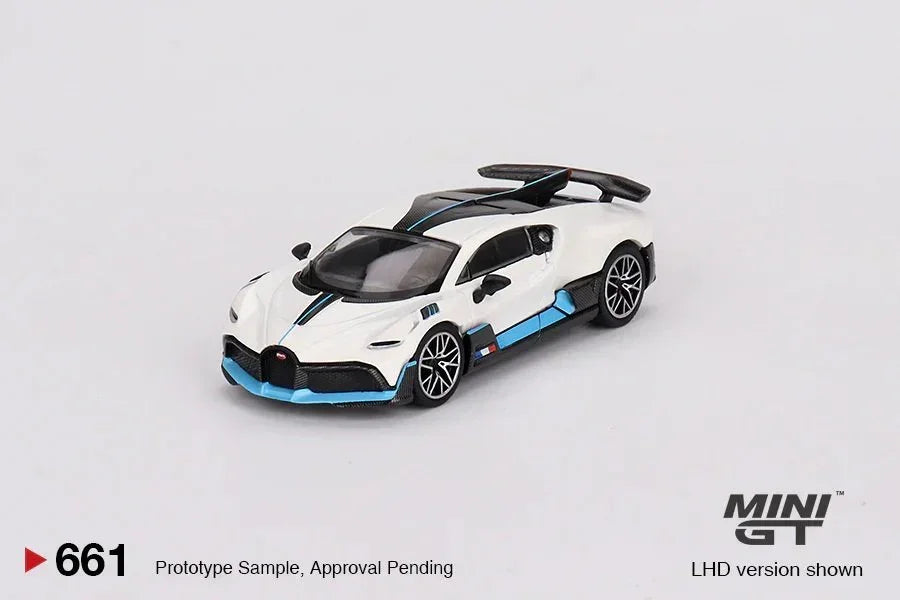 White and blue diecast sports car toy model with rear spoiler, Mini GT collectible.