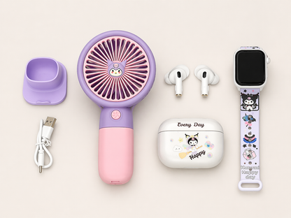 4-in-1 Kids Gift Set – Mini Handheld Fan, Smart Watch, TWS Earbuds & Charging Case (TWS-K55) Purple