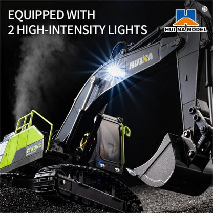 Huina 1661 1:18 Die-Cast Metal RC Excavator | 11-Channel Remote Control Construction Vehicle with LED Lights, Rechargeable Battery & 2.4GHz Radio System