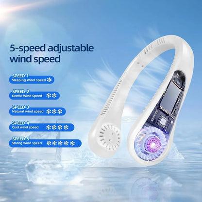Portable Neck Fan, Personal Fan USB Rechargeable Neck Fan, 5 Speed Hanging Bladeless Fan with Monitor (White) - Jaiman Toys