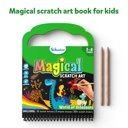 Skillmatics Magical Scratch Art Book for Kids - Dinosaurs, Craft Kits & Supplies, DIY Activity & Stickers, Gifts for Toddlers, Girls & Boys Ages 3, 4, 5, 6, 7, 8, Travel Toys - Jaiman Toys