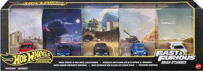 Hot Wheels Premium Fast & Furious Brian O'Conner 5-Car Collector Set | 1:64 Scale Die-Cast Vehicles | Ford F-150 SVT Lightning, Nissan Skyline GT-R, Ford Escort RS1600 & Toyota Supra | Mattel