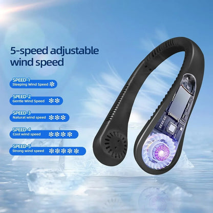 Portable Neck Fan, Personal Fan USB Rechargeable Neck Fan, 5 Speed Hanging Bladeless Fan with Monitor (Black) - Jaiman Toys