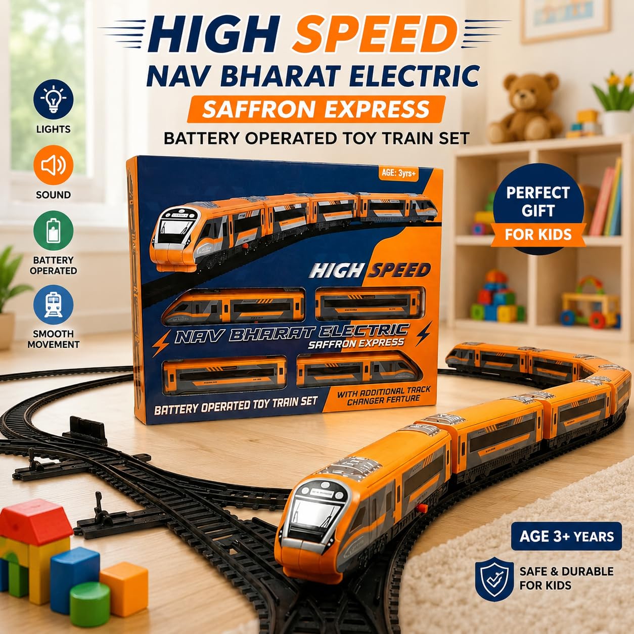 Centy Nav Bharat Electric Saffron Express Toy Train Set | Battery Operated | Age 3+