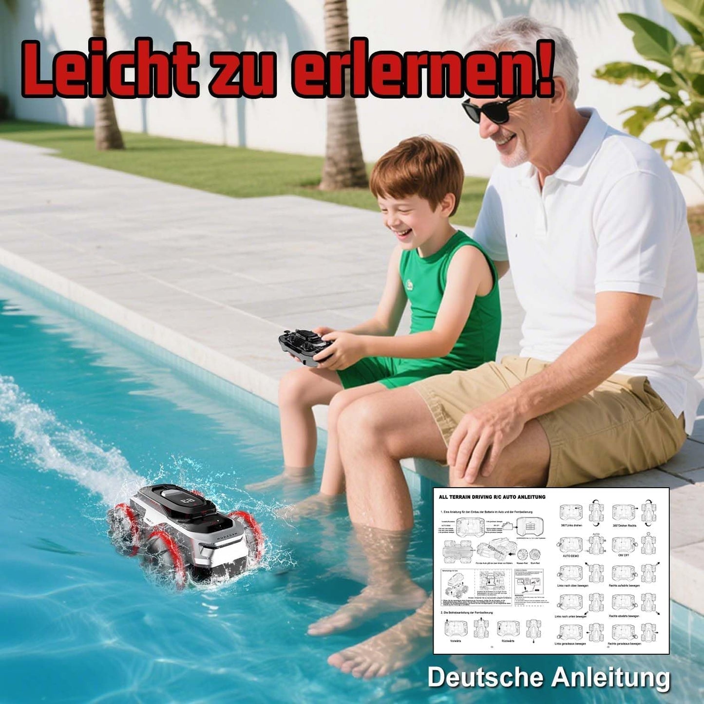 4WD Amphibious Remote Control Stunt Car – 2.4GHz Mini RC Car with 360° Spin, All-Terrain & Water Driving, Dual Tire System for Kids