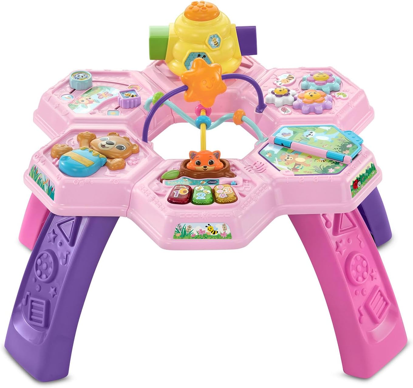 VTech Buzz and Learn Activity Table | Interactive Learning Activity Center with 7 Play Zones, Lights, Sounds & Music | Pink