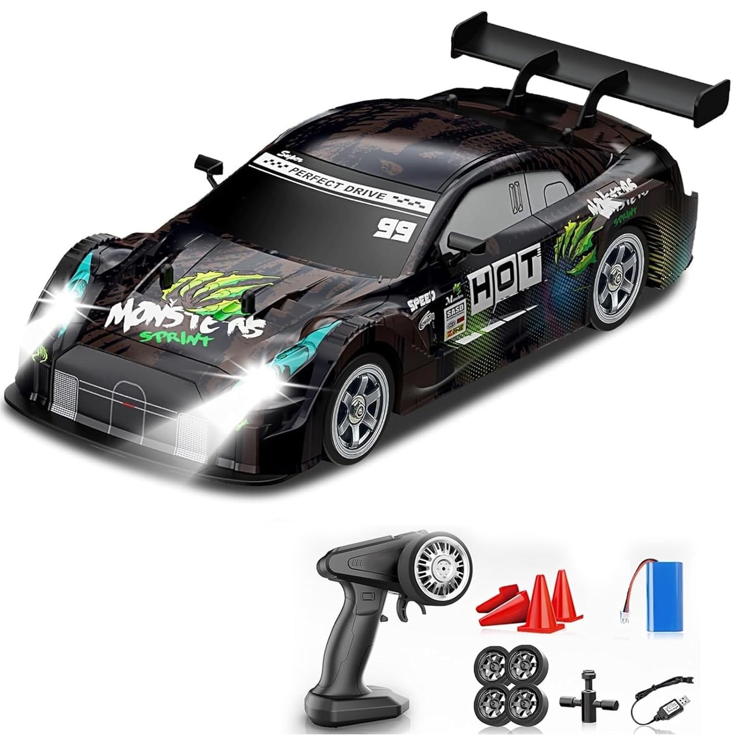 4WD RC Drift Car with Lights – 2.4GHz High-Speed Remote Control Racing Car (30KM/H, Rechargeable, Black Edition)