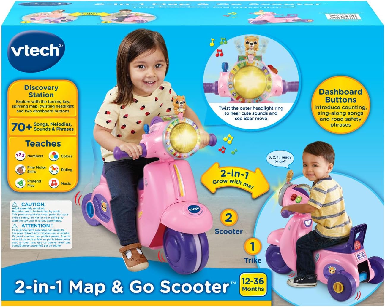 VTech 2-in-1 Map and Go Scooter for Toddlers | Interactive Ride-On & Push Scooter with Lights, Music, Learning Activities & Pretend Navigation | Pink