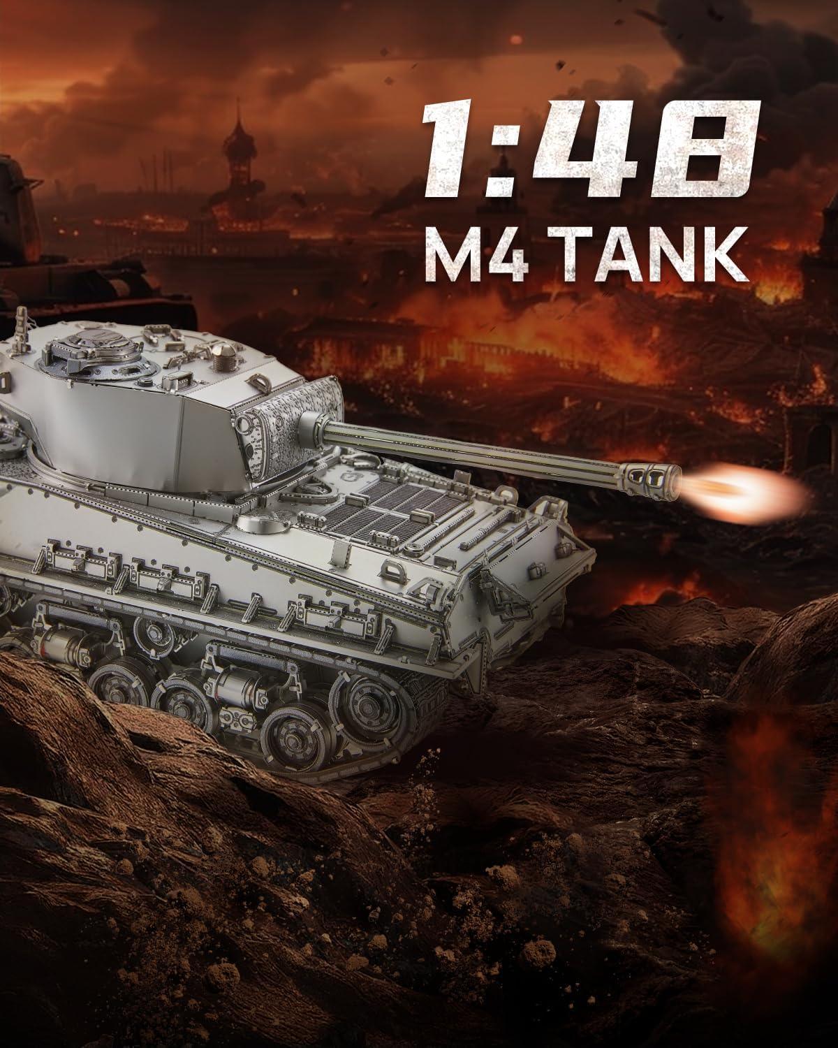 Piececool 3D Metal Puzzle M4 Sherman Medium Tank – 512 Pieces – Military Series – Difficulty Level 4 – Stainless Steel DIY Model Kit-Age16+