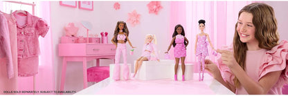 Barbie Deluxe Style Doll #11 in Pink Denim Dress with Printed Stars and Matching Tights Black Hair Tied High Knot JJN71
