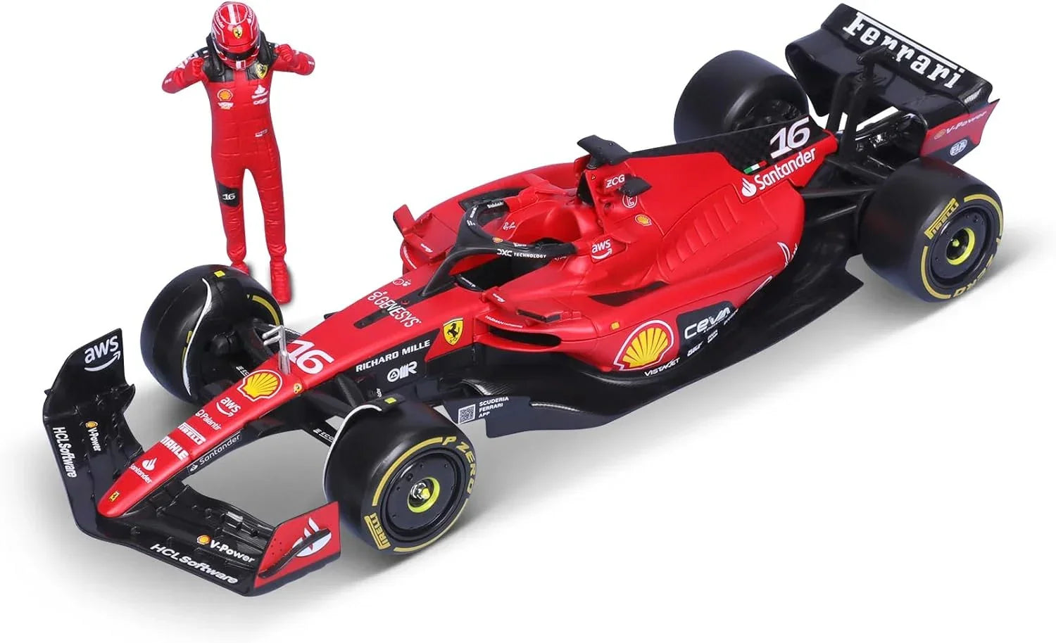 Bburago - 1/24 Scale Model Compatible with Ferrari SF23 F1# 16 Charles Leclerc 2023 with Pilot Figurine - Jaiman Toys