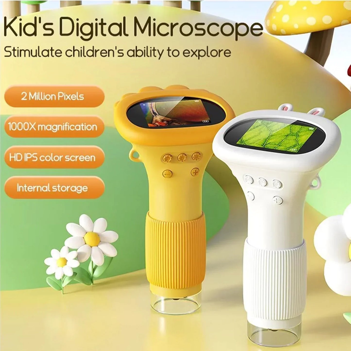 Kids Portable Microscope, 100 to 1000X Zoom Handheld Microscope Real Time HD Imaging with 2 Inch Screen (White) - Jaiman Toys