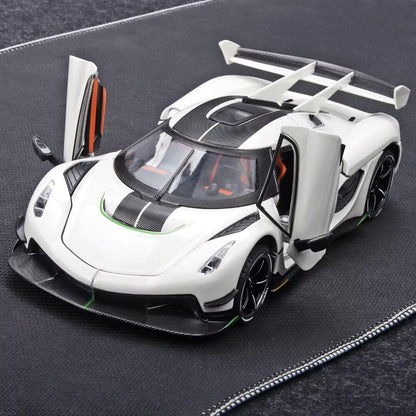 Joy Junction 1:24 Koenig Smoke White Scale Die-Cast Hypercar Model with Sound & Light – Pull Back Metal Sports Car Toy
