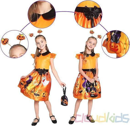Girls’ Pumpkin Ghost Halloween Costume Dress – Cosplay Party Outfit