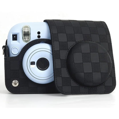 Checkmate Style – Chess Board PU Leather Camera Case for Instax Mini 12 with Adjustable Strap - Black - Jaiman Toys