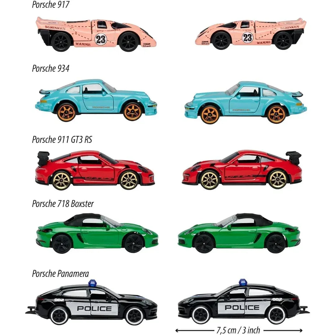 Majorette Porsche Edition Diecast Car Gift Pack – Set of 5 Porsche Model Cars | Premium Metal Collectible Vehicles with Opening Parts