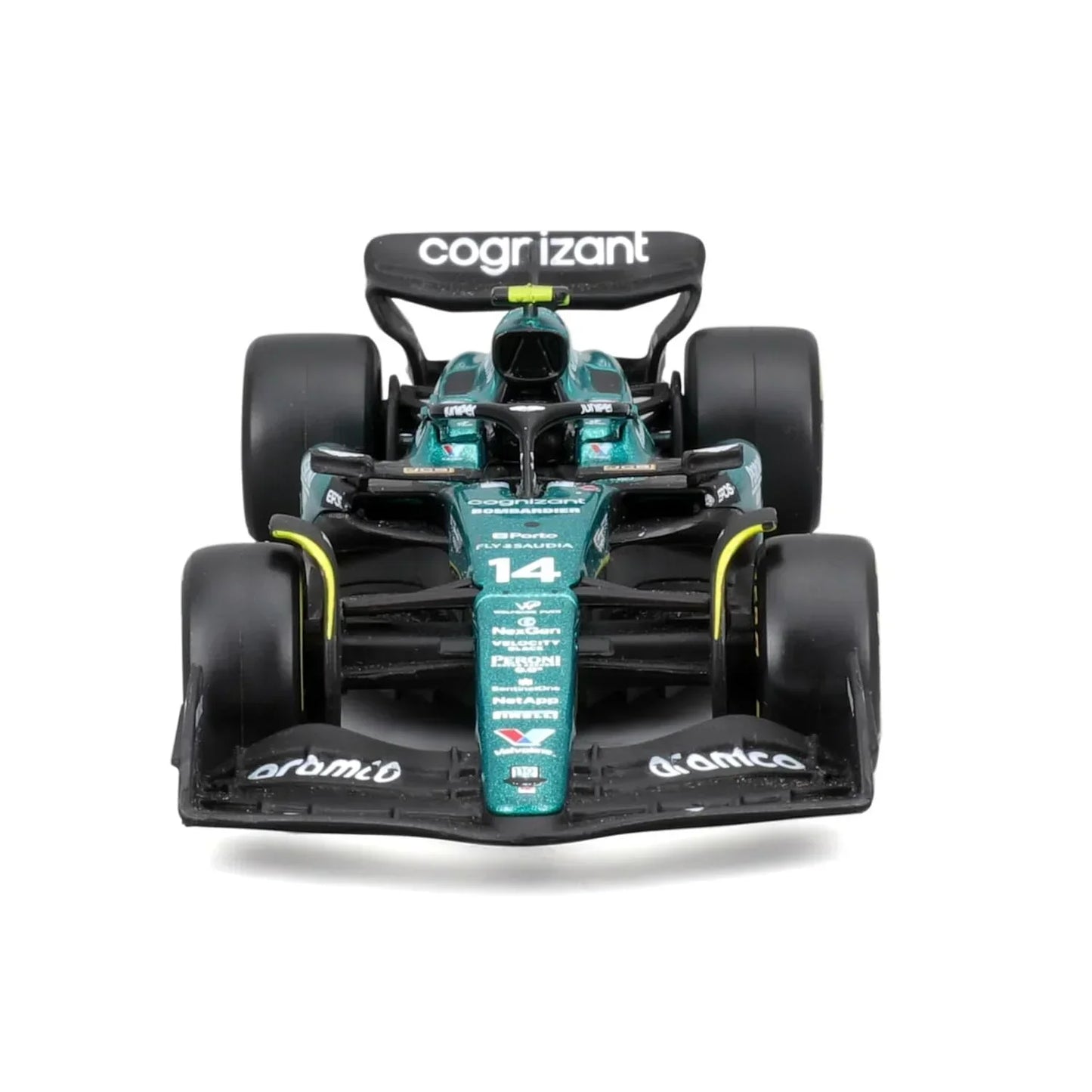 Bburago 1:43 Aston Martin Aramco F1 AMR23 #14 Fernando Alonso Diecast Formula 1 Car – Green