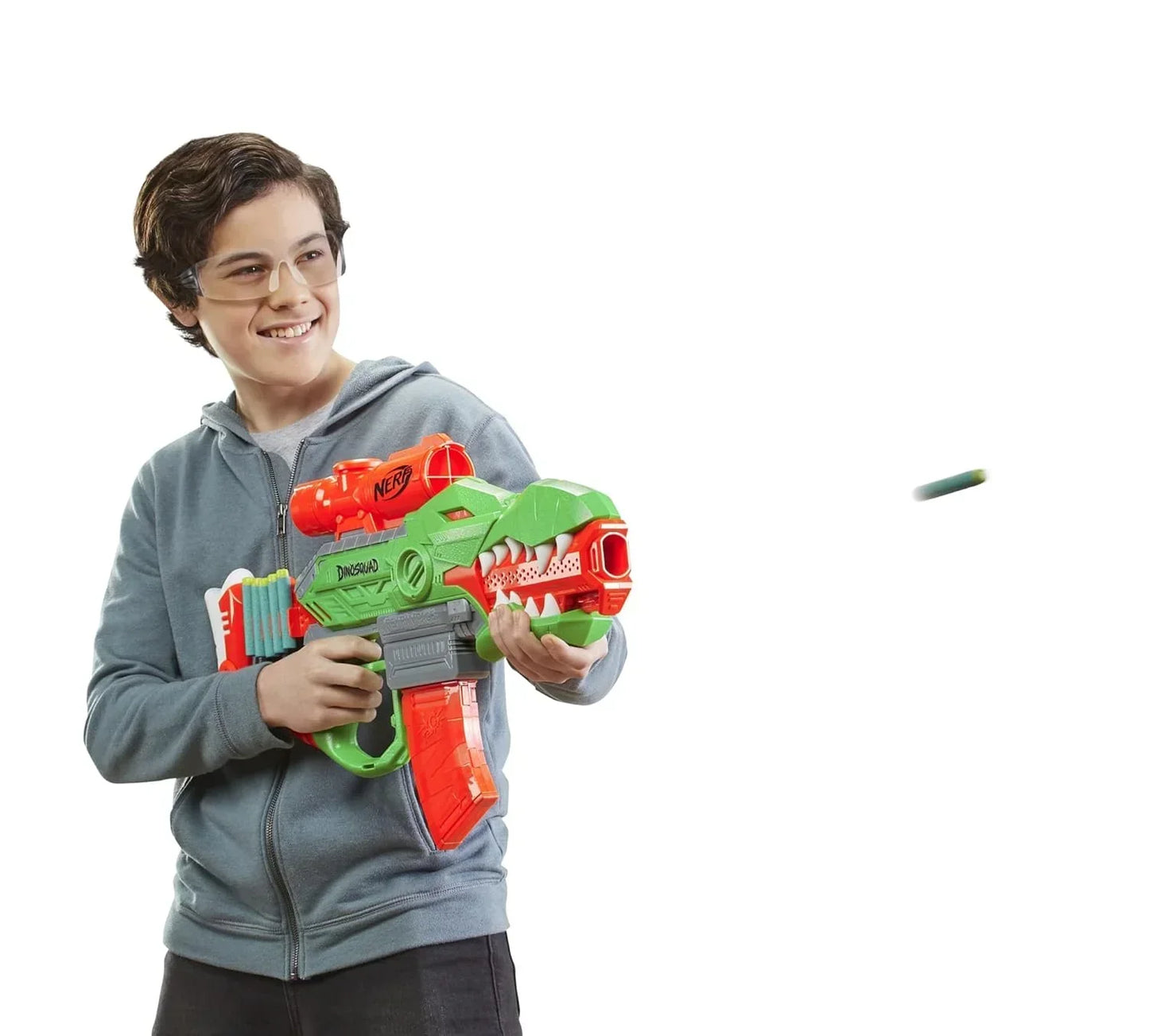 Nerf DinoSquad Rex-Rampage Motorized Dart Blaster, 10-Dart Clip, 20 Official Darts, 10-Dart Storage- T-Rex Dinosaur Design - Jaiman Toys