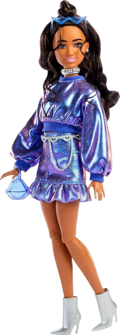 Barbie Deluxe Style Doll #7 – Metallic Blue Outfit, Wavy Brown Hair & Glam Accessories - Jaiman Toys