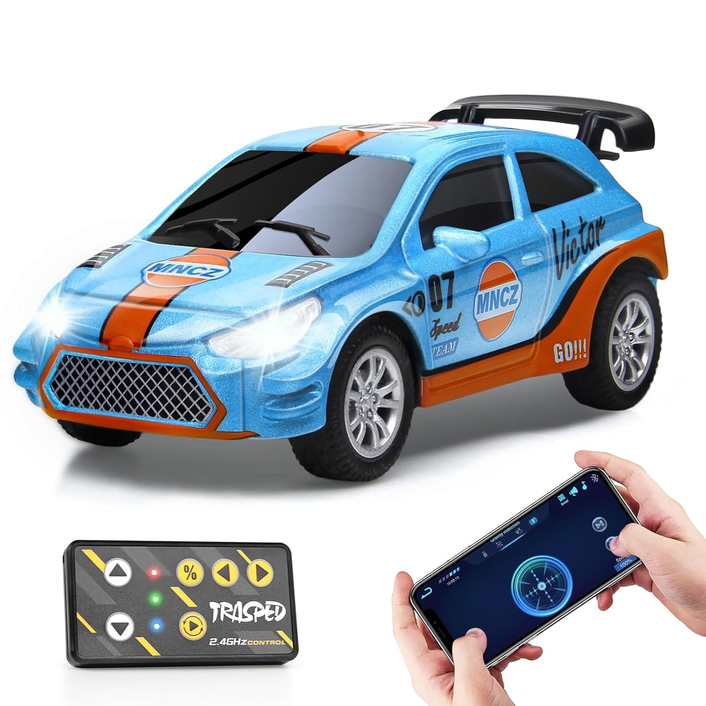 Mini Die-Cast RC Car 1:64 Scale – High-Speed Desktop Remote Control Car with LED Headlights, 2.4GHz Remote & App Control (5 Colors)