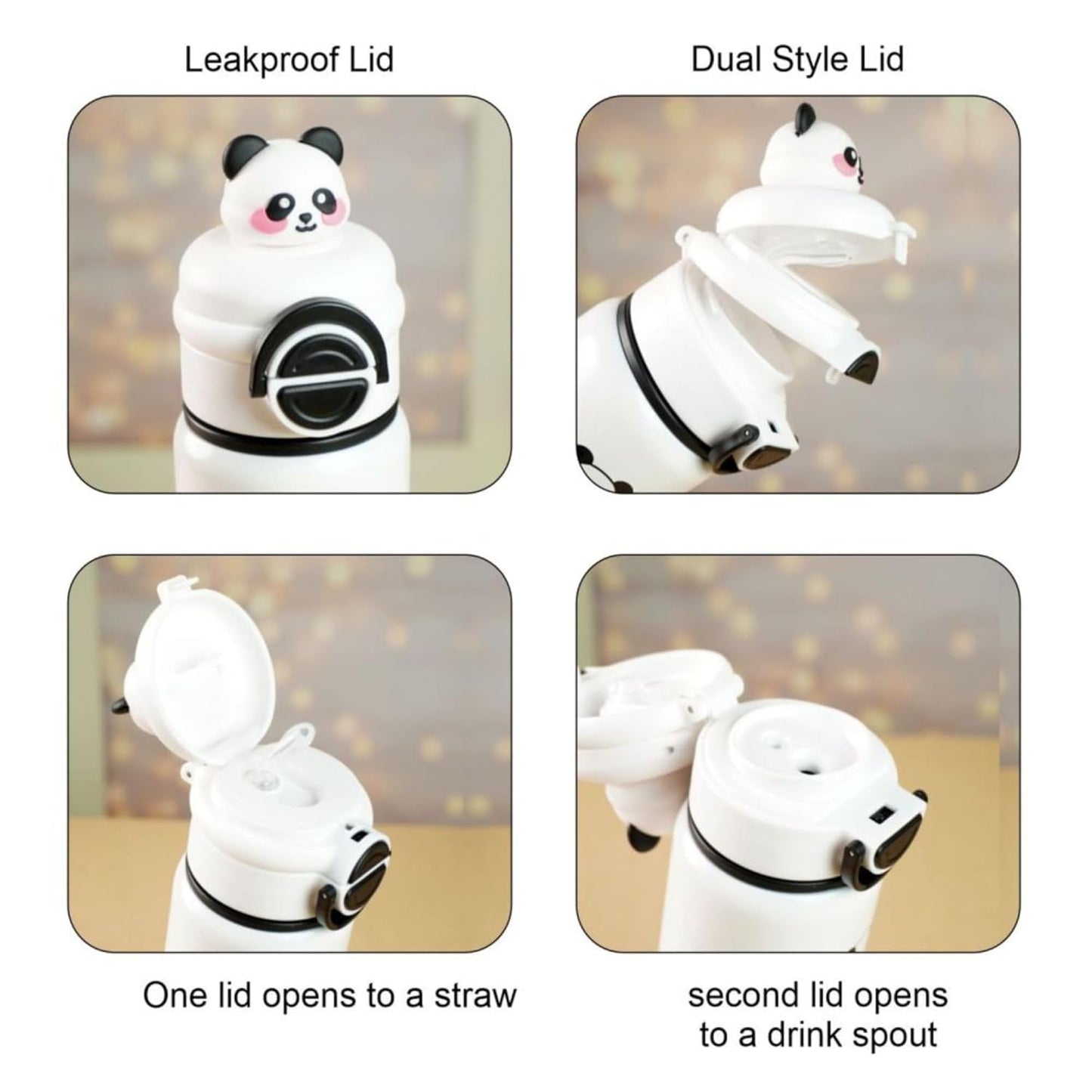 Panda Kids Water Bottle 500ML with Straw Lid – Leakproof Cartoon School Water Bottle for Children (White)
