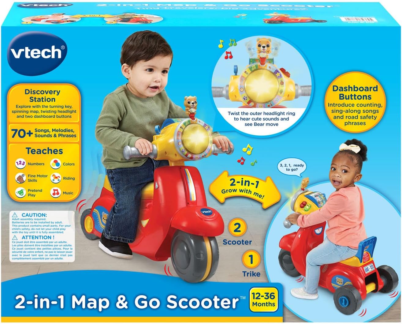 VTech 2-in-1 Map and Go Scooter for Toddlers | Interactive Ride-On & Push Scooter with Lights, Music, Learning Activities & Pretend Navigation | Red