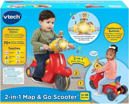VTech 2-in-1 Map and Go Scooter for Toddlers | Interactive Ride-On & Push Scooter with Lights, Music, Learning Activities & Pretend Navigation | Red