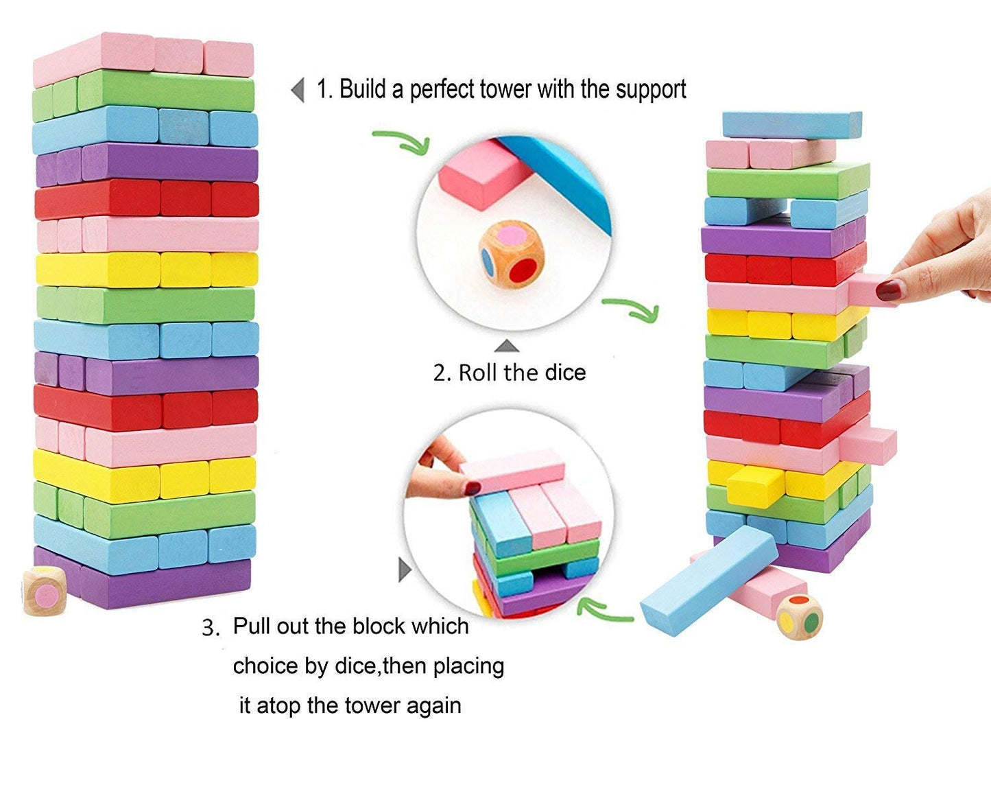 Simarr Coloured Stackeez Wooden Tower Stacking Game – 54 Piece Wooden Blocks with Dice | Classic Family Balance Game for Kids & Adults