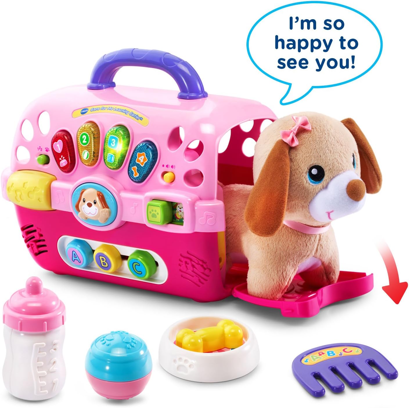 VTech Care for Me Learning Carrier Interactive Pet Care Playset with Plush Puppy, Lights, Sounds & Learning Activities | Pink