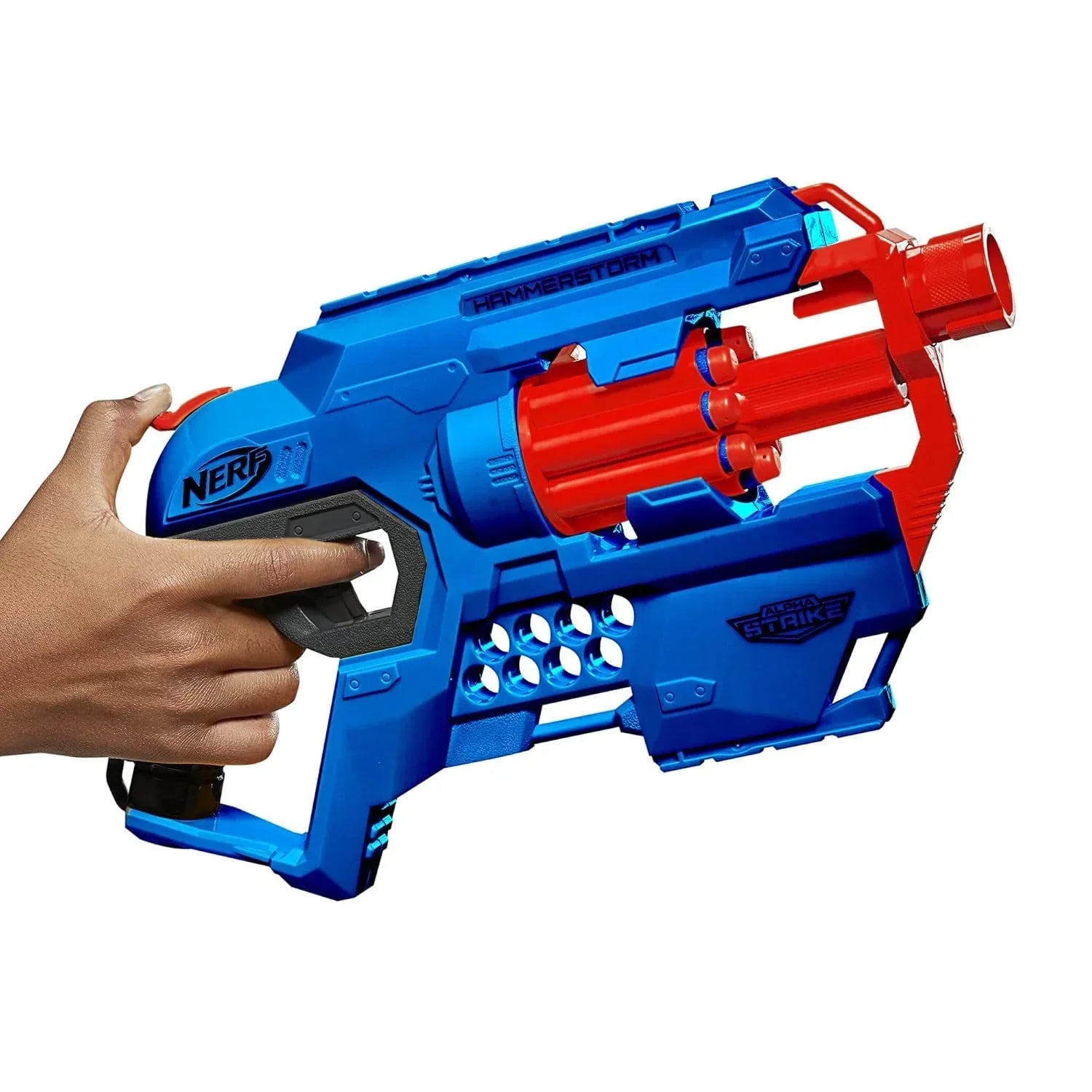 Nerf Alpha Strike Hammerstorm Blaster – Hammer-Priming Action, Rotating 8-Dart Drum, 8 Official Nerf Elite Darts – for Children, Teens, Adults, Multicolor - Jaiman Toys