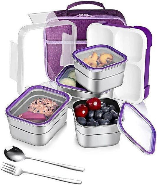Stainless Steel Kids Lunch Box 1060ML – 4 Compartment Bento Box with Tableware & Insulated Bag | Leakproof, BPA-Free & Dishwasher Safe -Purple