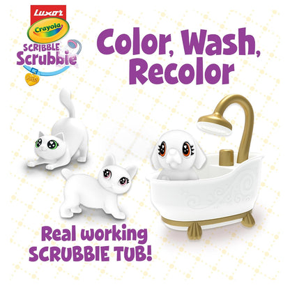 Luxor Crayola Scribble Scrubbie Pets Glam Pack Playset, 3 Washable Pets, 6 Markers, 1 Bathtub & 1 Scrub Brush, Non-Toxic, Gift for Kids