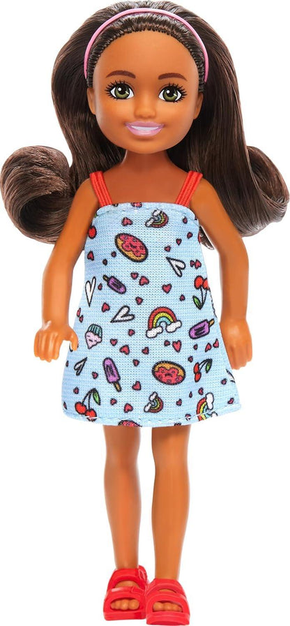 Barbie Chelsea Doll, Small Doll Wearing Removable Blue Dress with Colorful Print & Pink Shoes, Brown Hair & Green Eyes - Jaiman Toys