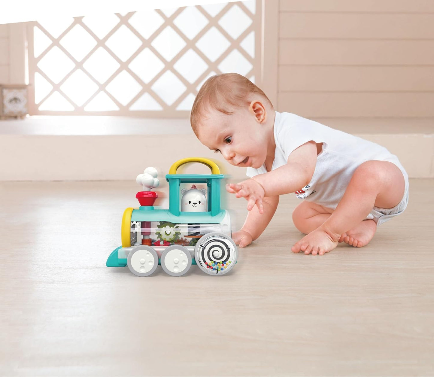 Hola Pull Along Train Engine Toy – Musical Educational Pull Toy with Moving Gears for Babies (6–24 Months)