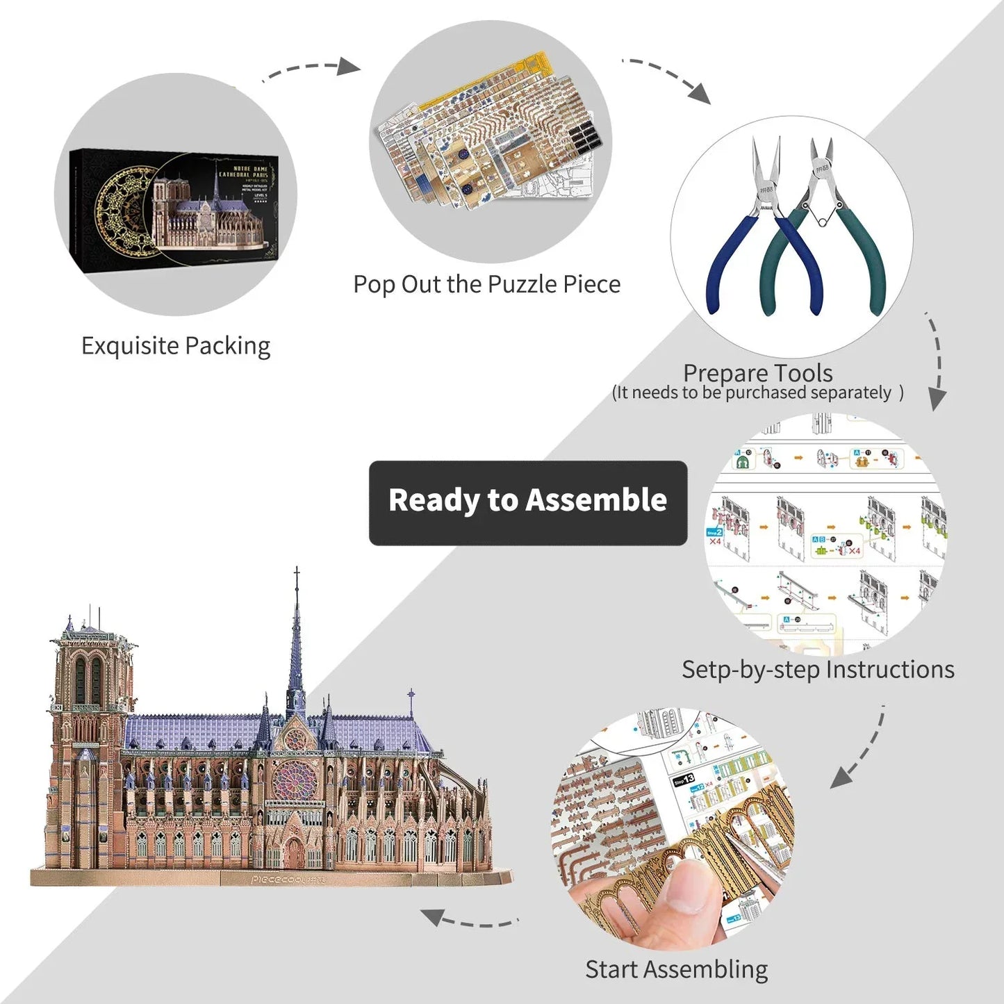 Piececool  3D Metal Puzzle Notre Dame Cathedral Paris Model – 382 Pieces – Level 5 Difficulty – Stainless Steel DIY Architecture Model Kit- Age16+
