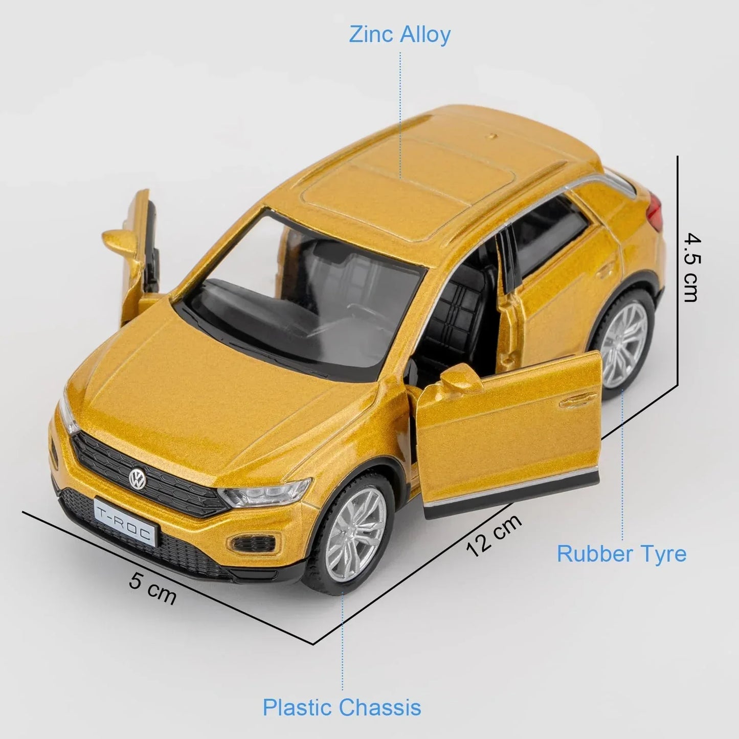 RMZ City Volkswagen T-Roc SUV 1:36 Die-Cast Car | Pull Back & Go | Openable Doors | Blue / Gold
