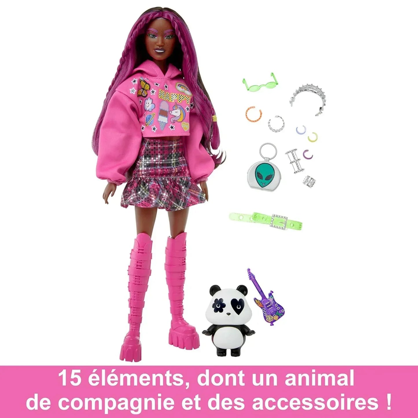 Barbie® Doll with Pet Panda, Extra, Kids Toys, Clothes and Accessories, Pink-Streaked Brunette Hair, Graphic Hoodie and Plaid Skirt - Jaiman Toys