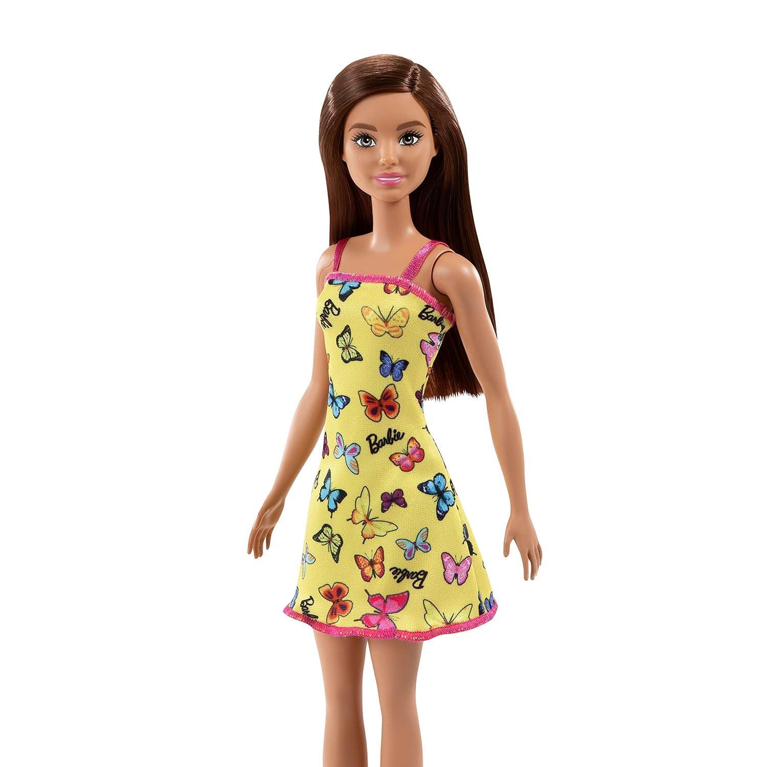 Barbie Doll (11.5 inches) with Colorful Butterfly Logo Print Yellow Dress & Strappy Heels, Great Gift for Ages 3 Years Old & Up - Jaiman Toys