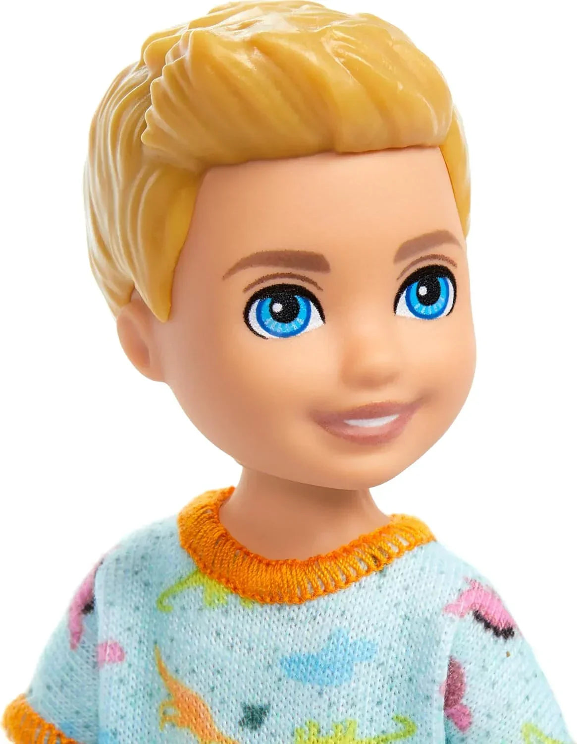 Barbie Chelsea Doll, Small Boy Doll Wearing Removable One-Piece with Dinosaur Print & White Shoes, Blond Hair & Blue Eyes - Jaiman Toys