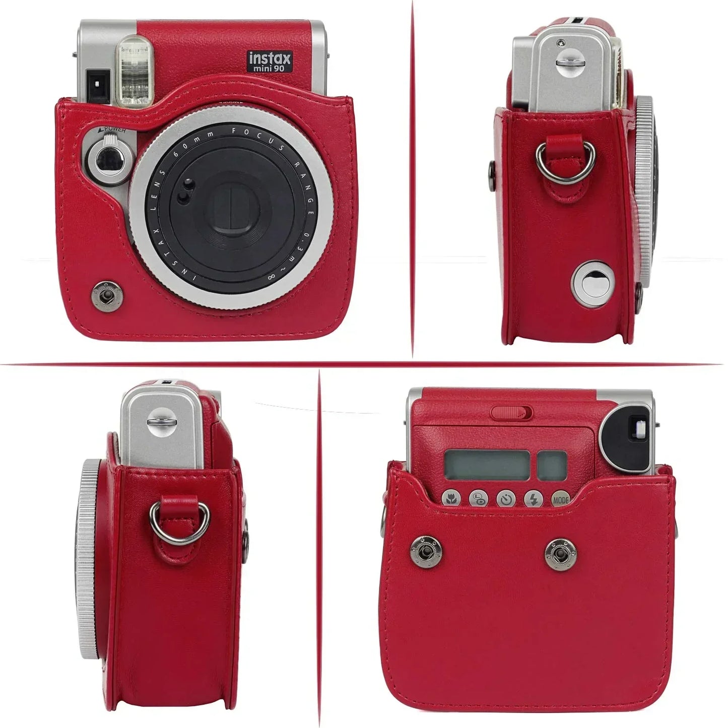 Vintage Charm – Classic PU Leather Case with Strap for Instax Mini 90 Neo Classic - Red - Jaiman Toys