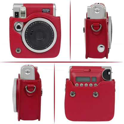 Vintage Charm – Classic PU Leather Case with Strap for Instax Mini 90 Neo Classic - Red - Jaiman Toys