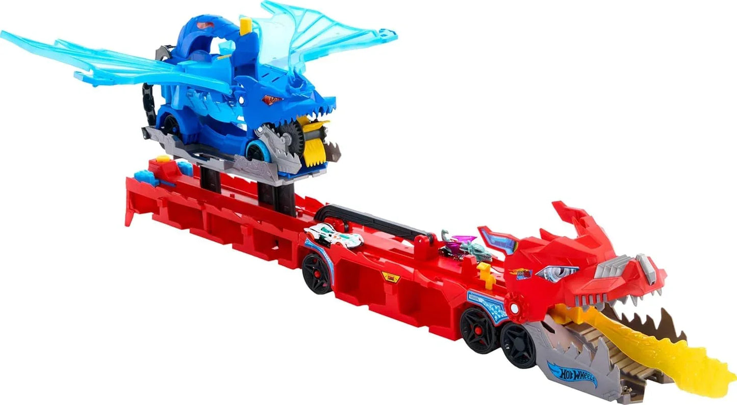 Hot Wheels City Toy Car Track Set – Ultimate Dual Dragon Transporter & 2 Die-Cast Cars