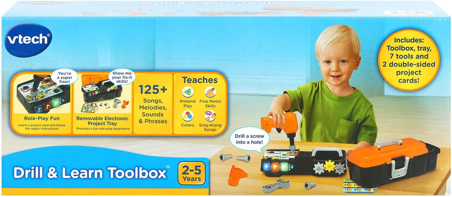 VTech Drill and Learn Toolbox | Interactive Electronic Tool Set with Toy Drill, Lights, Sounds & STEM Learning Activities | Orange