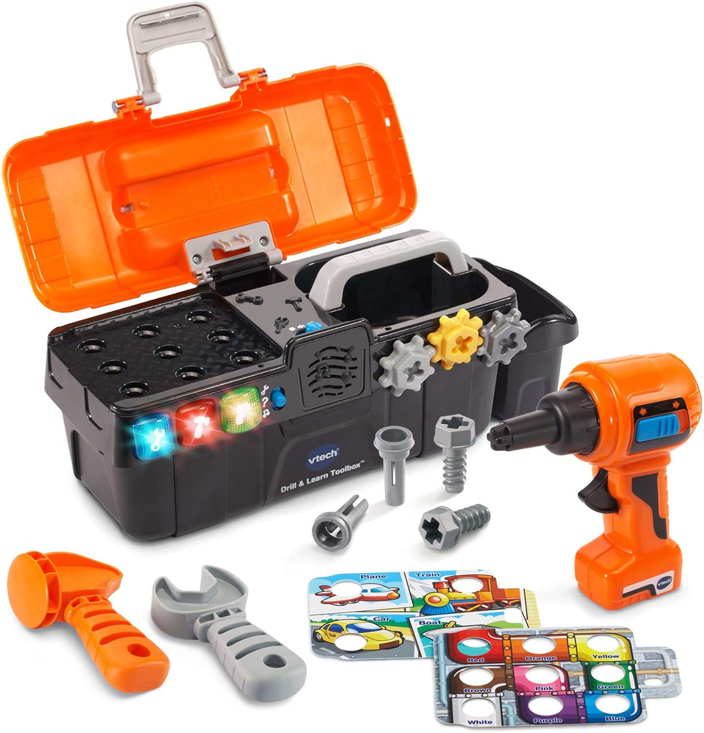 VTech Drill and Learn Toolbox | Interactive Electronic Tool Set with Toy Drill, Lights, Sounds & STEM Learning Activities | Orange